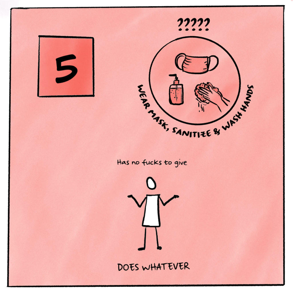 Image shows Risk Tolerance level 5 depicted by a graphic of a person shrugging and the label "Has no fucks to give. Does whatever." A circular graphic indicates that the person washes their hands, sanitizes, and wears their mask an unknown amount of the time.