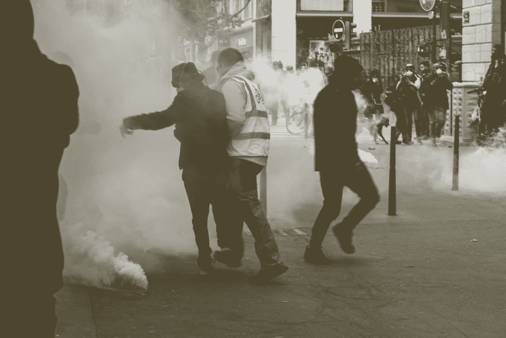People surrounded by toxic aerosol dispersion