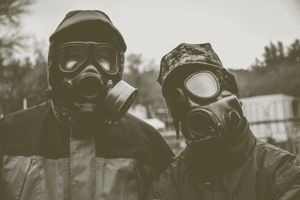 Two people in gas masks 