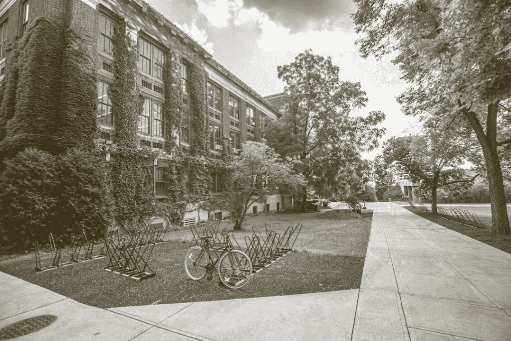 Large public building with bike rack outside